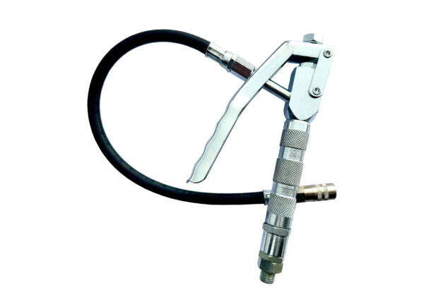 Pistola grasso con tubo uscita flessibile testina 4 griffe, completa di snodo singolo 1/4 M.