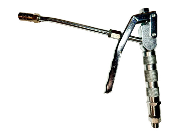 Pistola grasso con tubo uscita rigido testina 4 griffe, completa di snodo singolo 1/4 M.